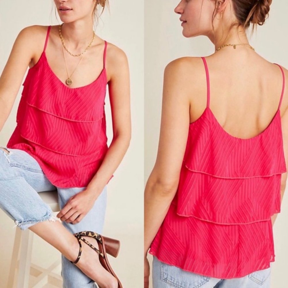 Anthropologie Amadi Hot Pink Tiered Textured Ruffle Cami Tank S